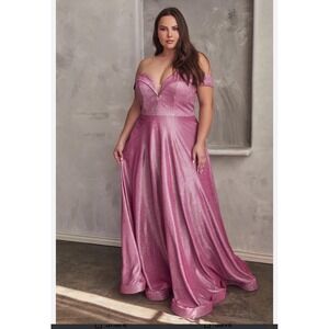 Ladivine Women 22 Pink Metallic Off Shoulder Gown Plus Size Prom Formal Dress